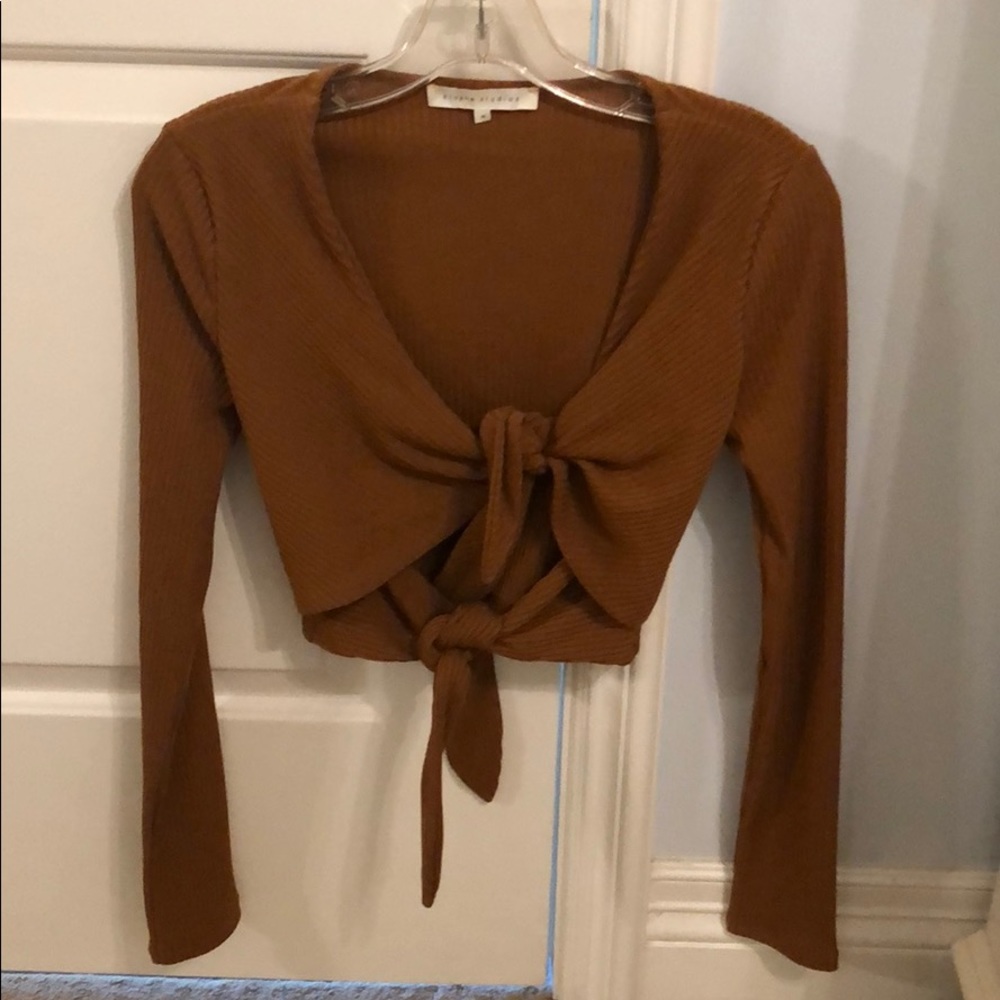 brown front tie sweater